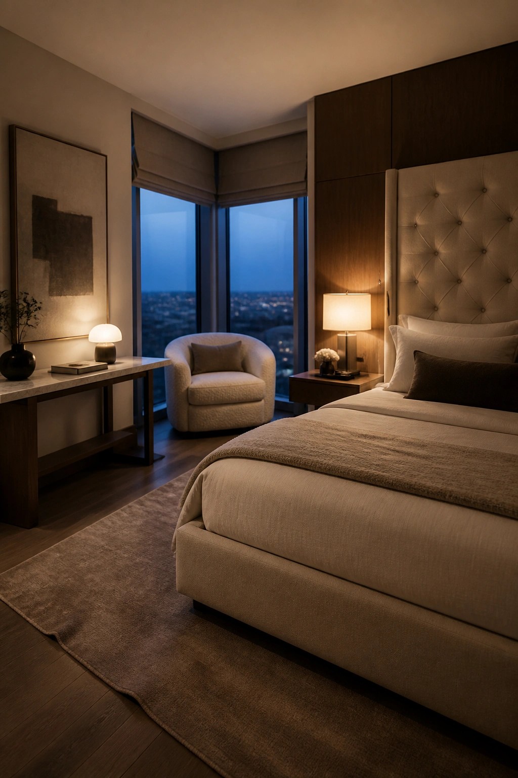 A calm bedroom featuring a large tufted bed in cream tones, matching bedding, a taupe upholstered armchair, dark wood nightstands, and a city view through large windows at dusk.