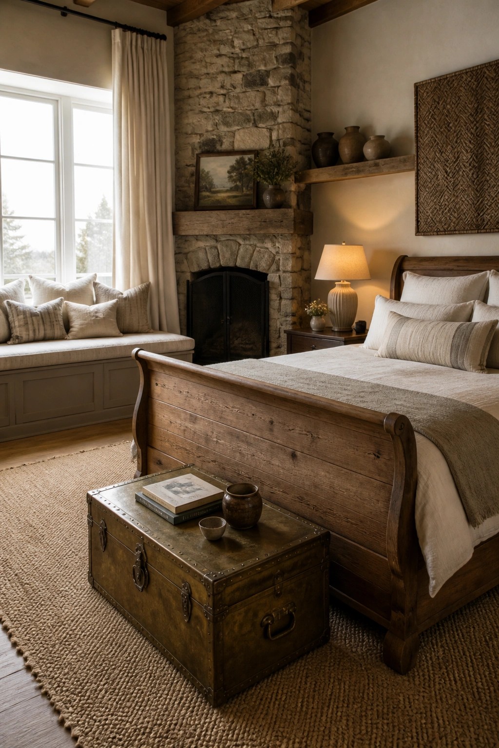 Rustic bedroom with wooden sleigh bed, stone fireplace, and vintage trunk on jute rug
