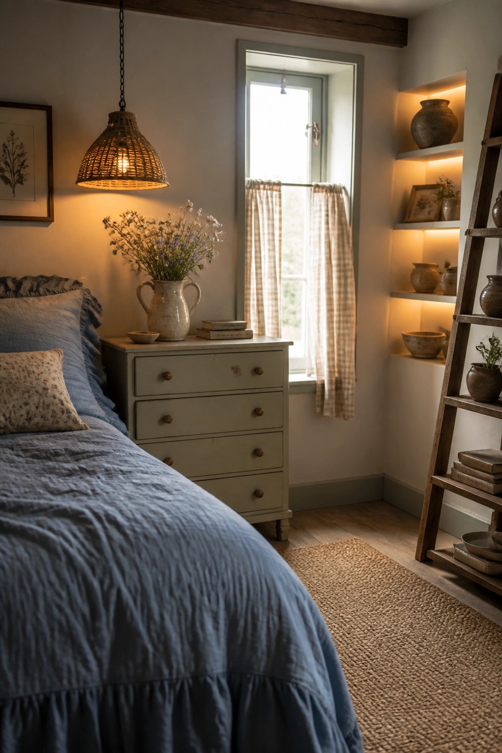 A bedroom corner with a woven pendant light hanging above a light green dresser, blue bedding, and built-in shelves with pottery.