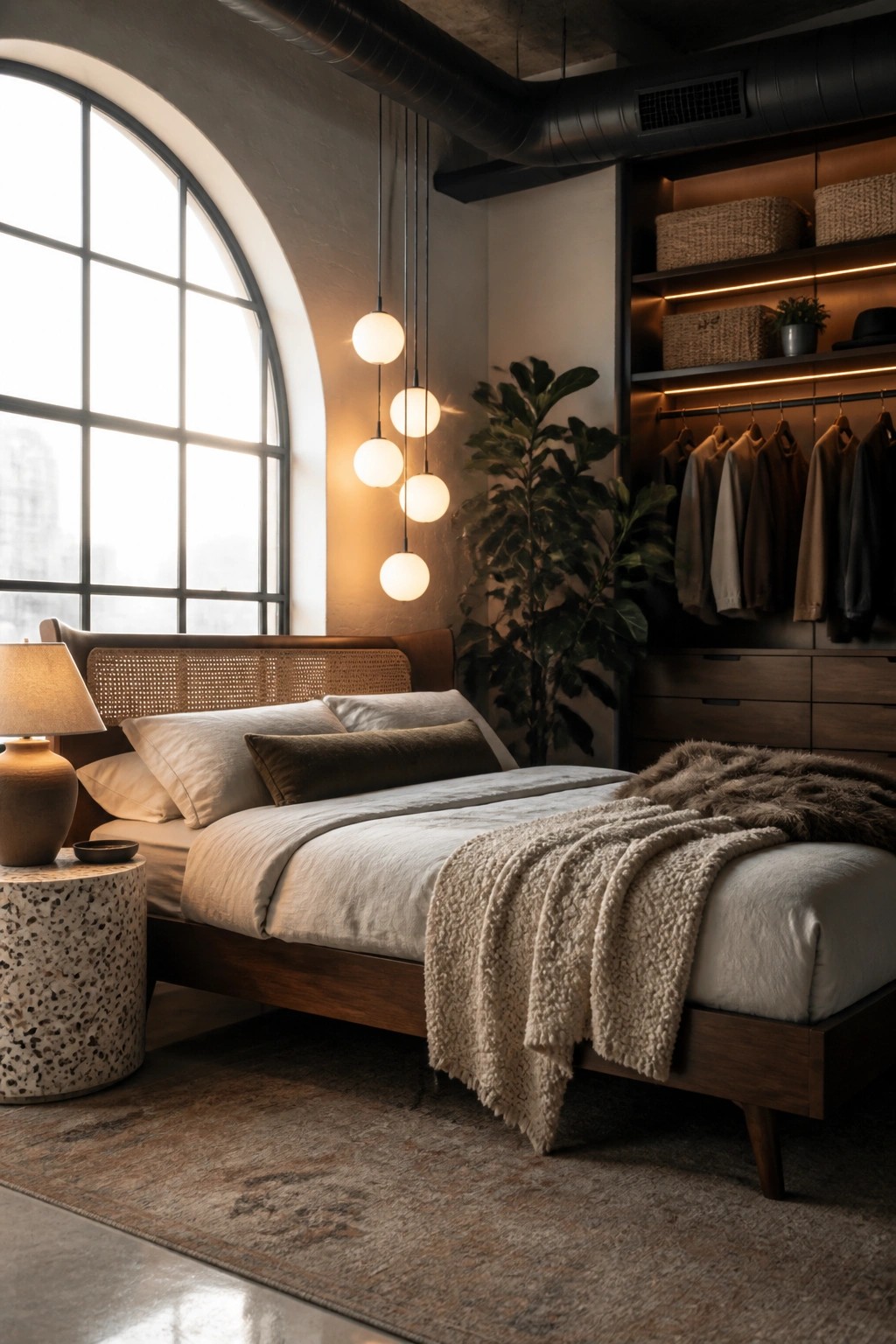 A bedroom featuring a wooden bed with white bedding and a cluster of white globe pendant lights hanging above it beside a large arched window.