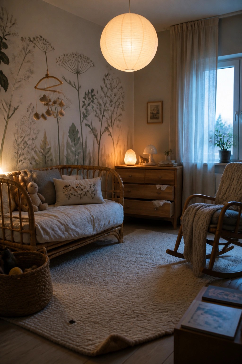 A bedroom interior with a large spherical paper lantern hanging from the ceiling, a rattan daybed with pillows and stuffed animals, a wooden dresser with small lamps, and a rocking chair on a textured rug.