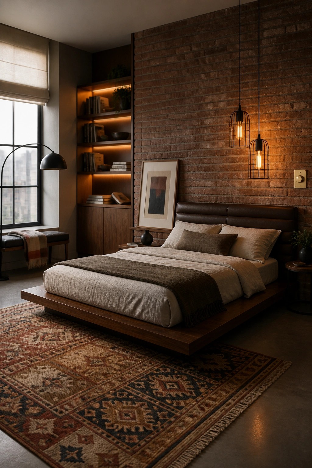 A modern bedroom featuring a low wooden platform bed against a red brick wall, two black cage pendant lights with glowing bulbs hanging above the headboard, and warm ambient lighting from built-in shelves.