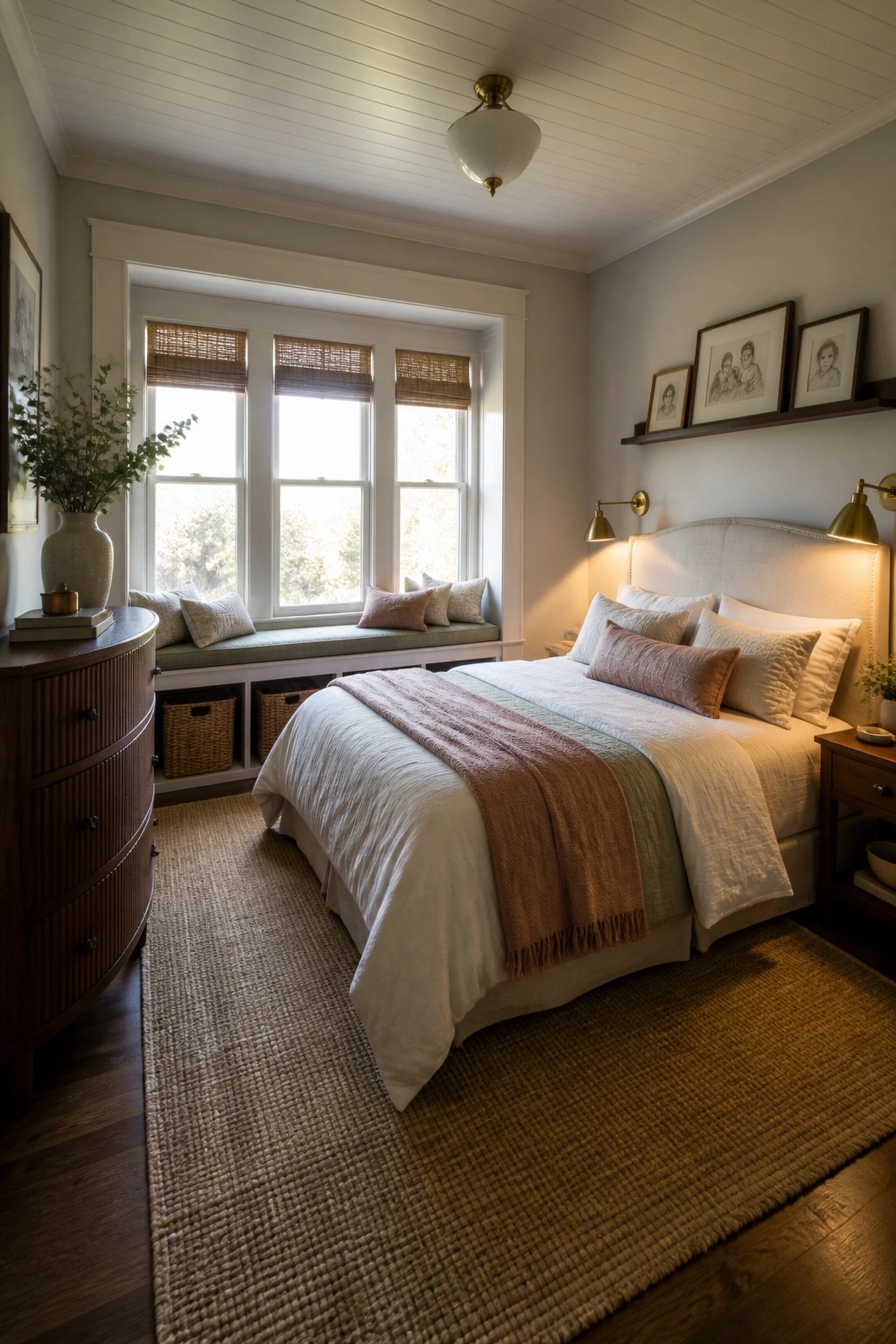 A bedroom featuring a bed with white and pink bedding, brass wall sconces mounted on either side emitting warm light, a large window with woven shades, and a window seat with cushions.