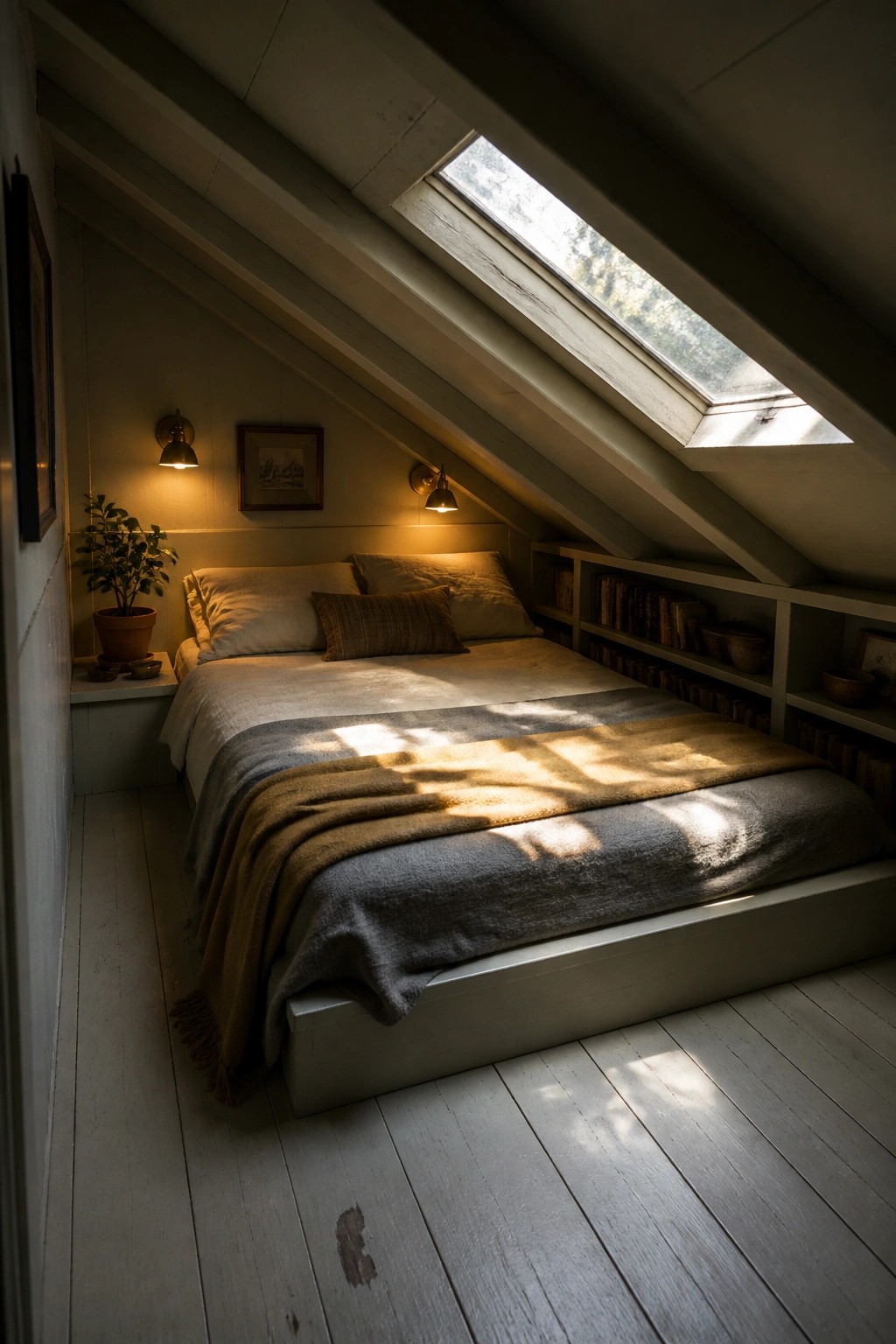 A small attic bedroom with a low platform bed under a skylight, built-in bookshelves along the slanted wall, and two lit wall sconces.