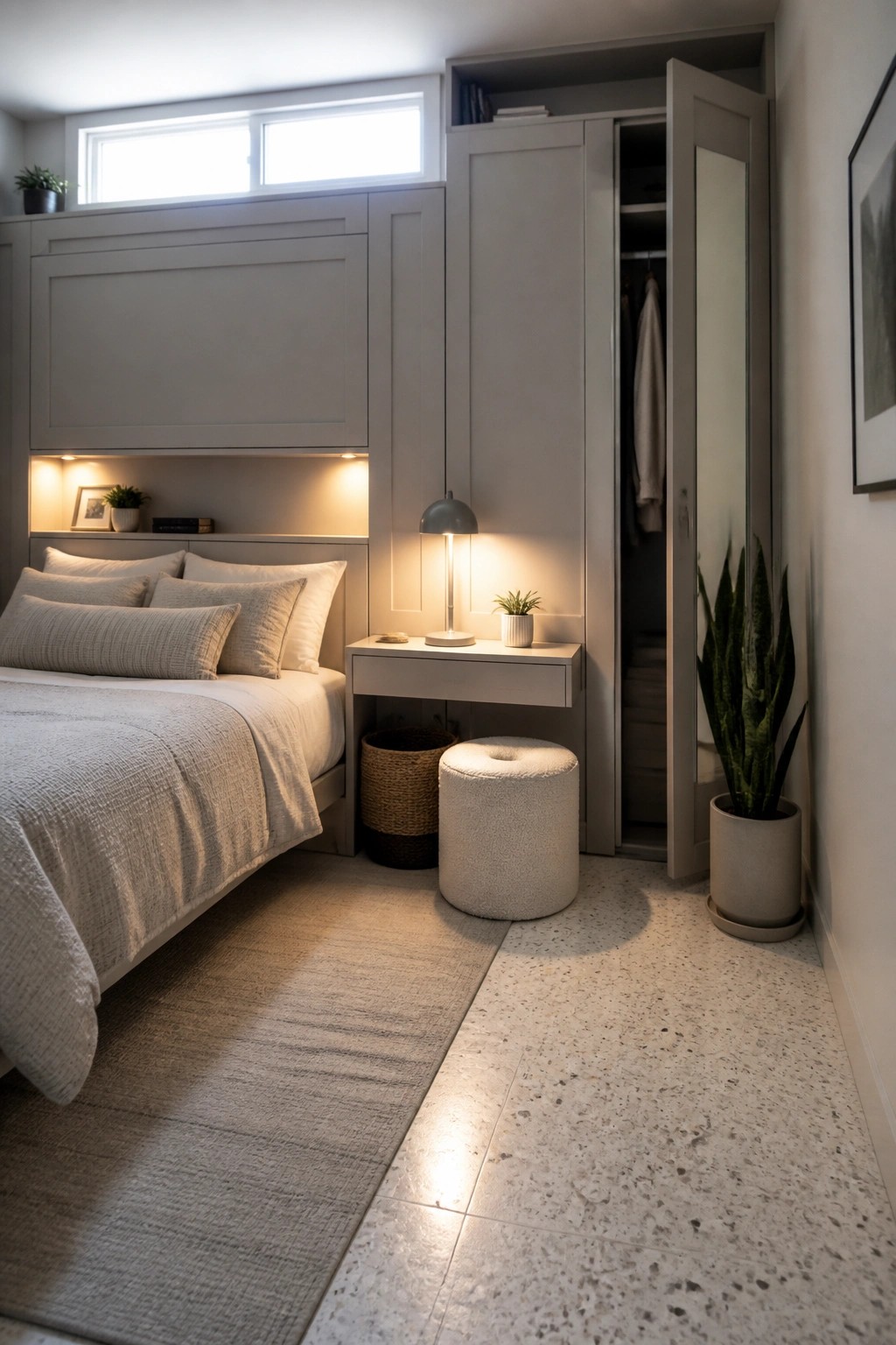 Modern bedroom with built-in gray cabinetry, bed, nightstand, and open closet