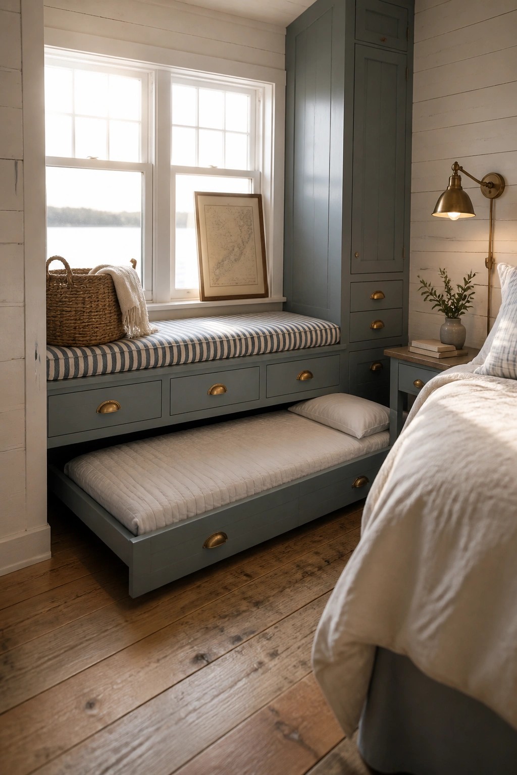 A small bedroom shows a built-in gray window seat with a striped cushion and storage drawers, with a trundle bed extended underneath.