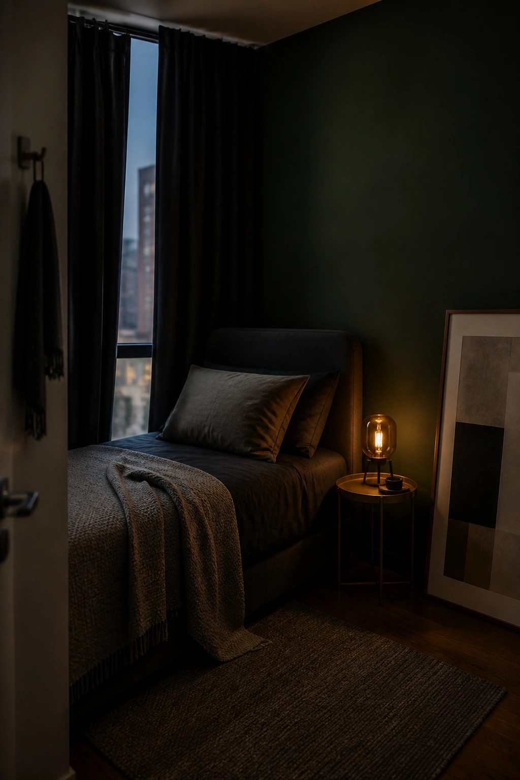 Cozy bedroom with dark green walls, gray bed linens, glowing lamp, and abstract art.