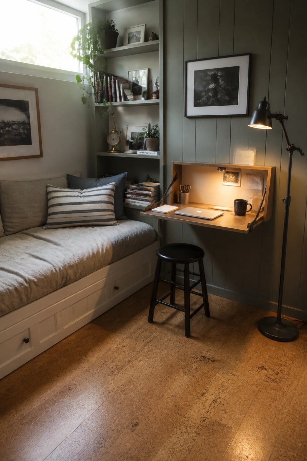 A compact bedroom interior showing a daybed with striped pillows on the left and a wooden fold-down desk on the right, with a black stool underneath and built-in shelves above.