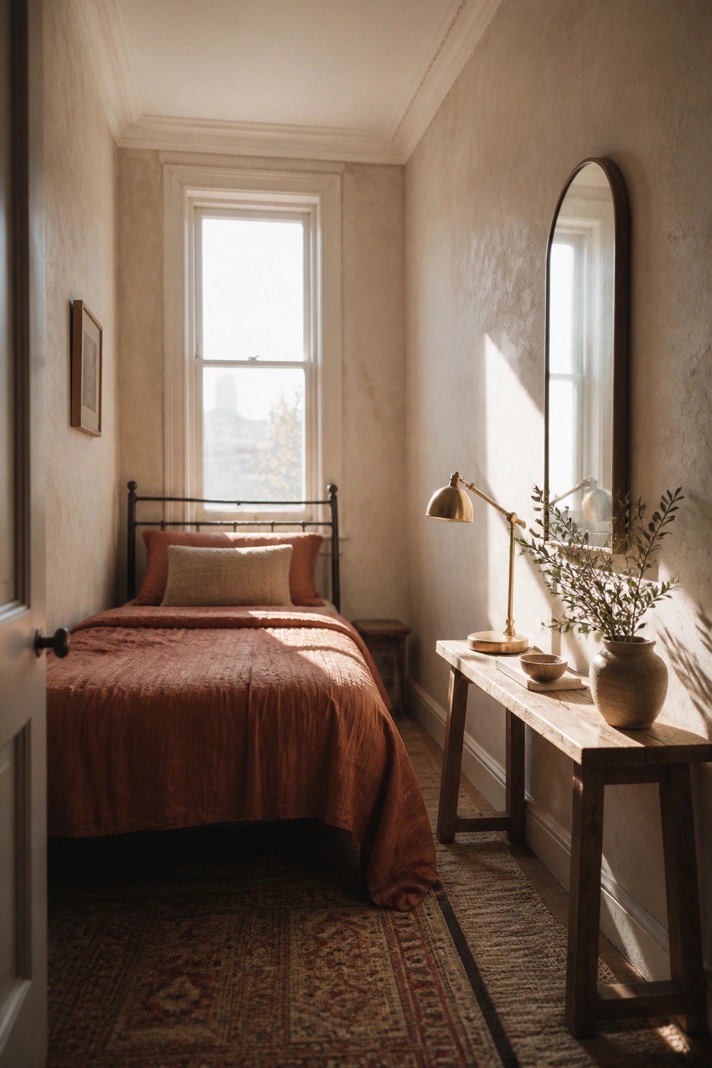 A narrow bedroom featuring a bed with terracotta bedding against one wall, a long wooden console table with a mirror and lamp on the opposite wall, and a window at the end of the room.