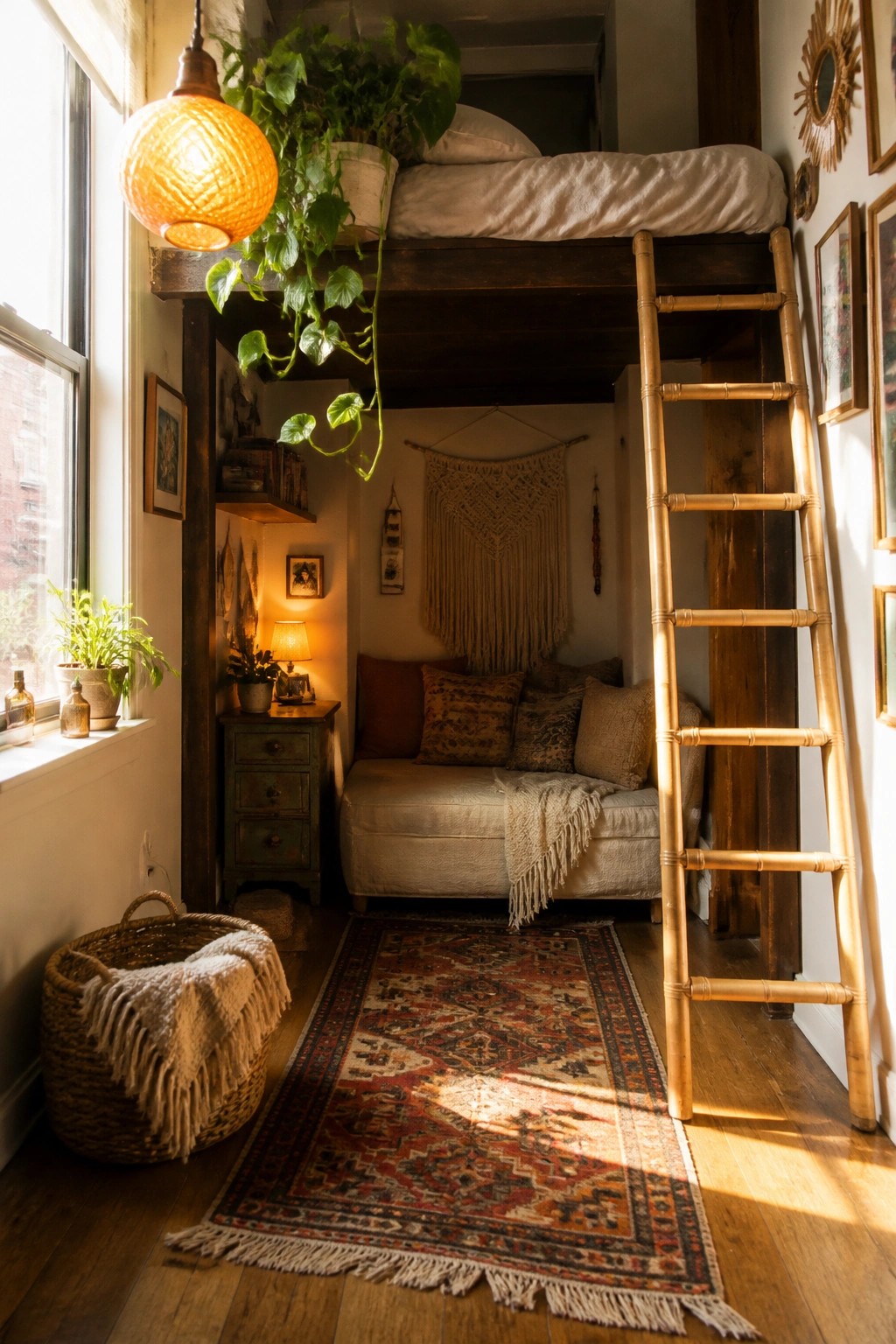 A compact bedroom features a dark wood loft bed with a bamboo ladder on the right, a light-colored sofa underneath, hanging plants from the loft, and a patterned rug on the wood floor.