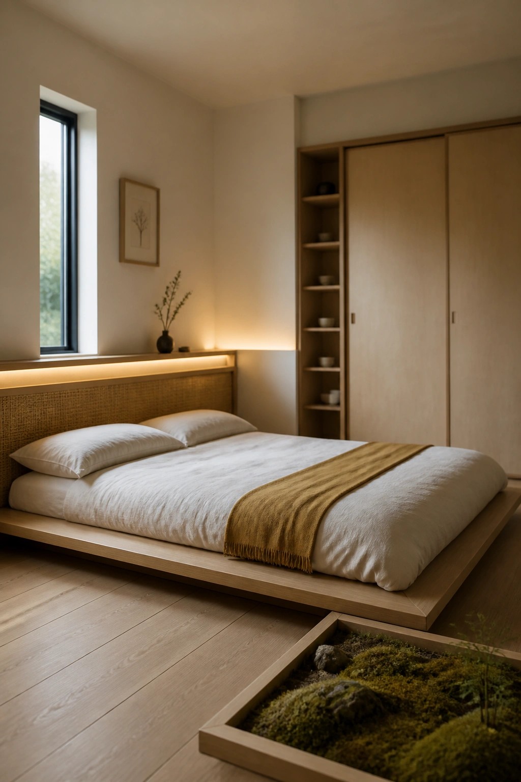 Minimalist wooden platform bed with white linens, yellow throw, and moss drawer.