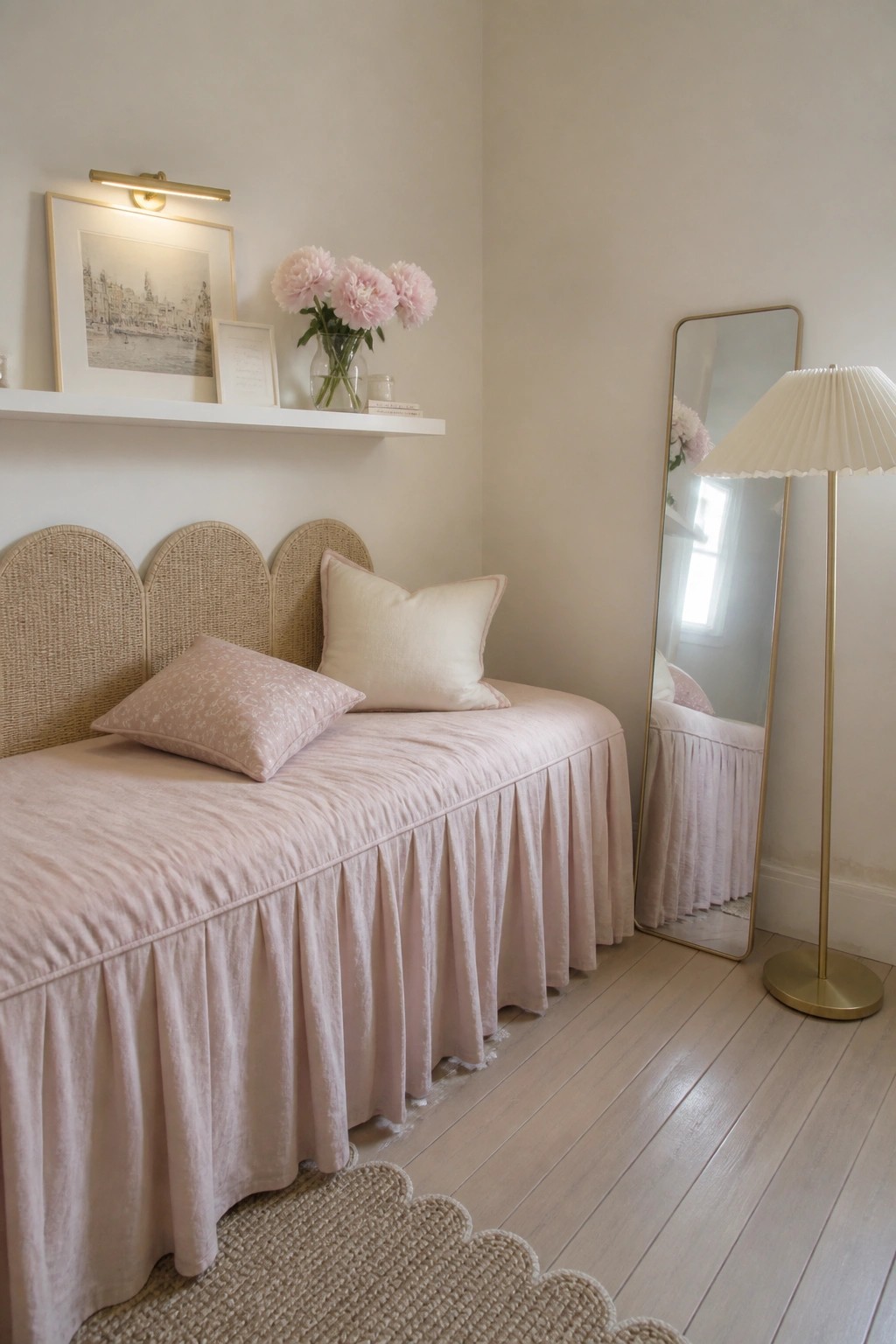 Pink daybed with scalloped rattan headboard, floral pillows, shelf with peonies, mirror and lamp