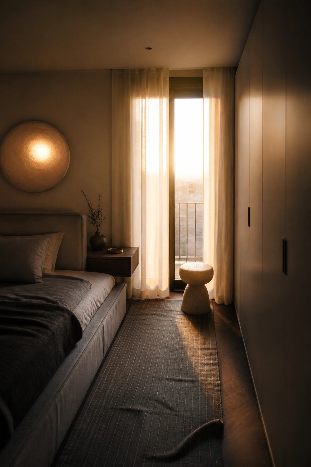 A narrow bedroom with a bed on the left, a long gray runner rug, sheer curtains on a window at the end, and a tall wardrobe on the right.