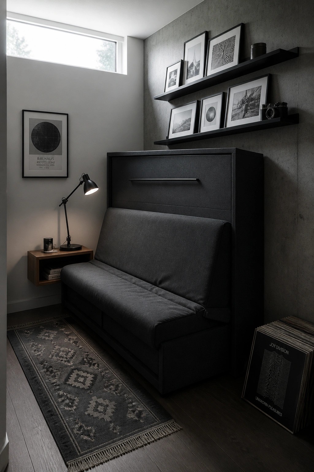 A dark gray sofa bed sits against a concrete wall in a small room, with black floating shelves holding framed black-and-white photos above it and a patterned rug on the wood floor.