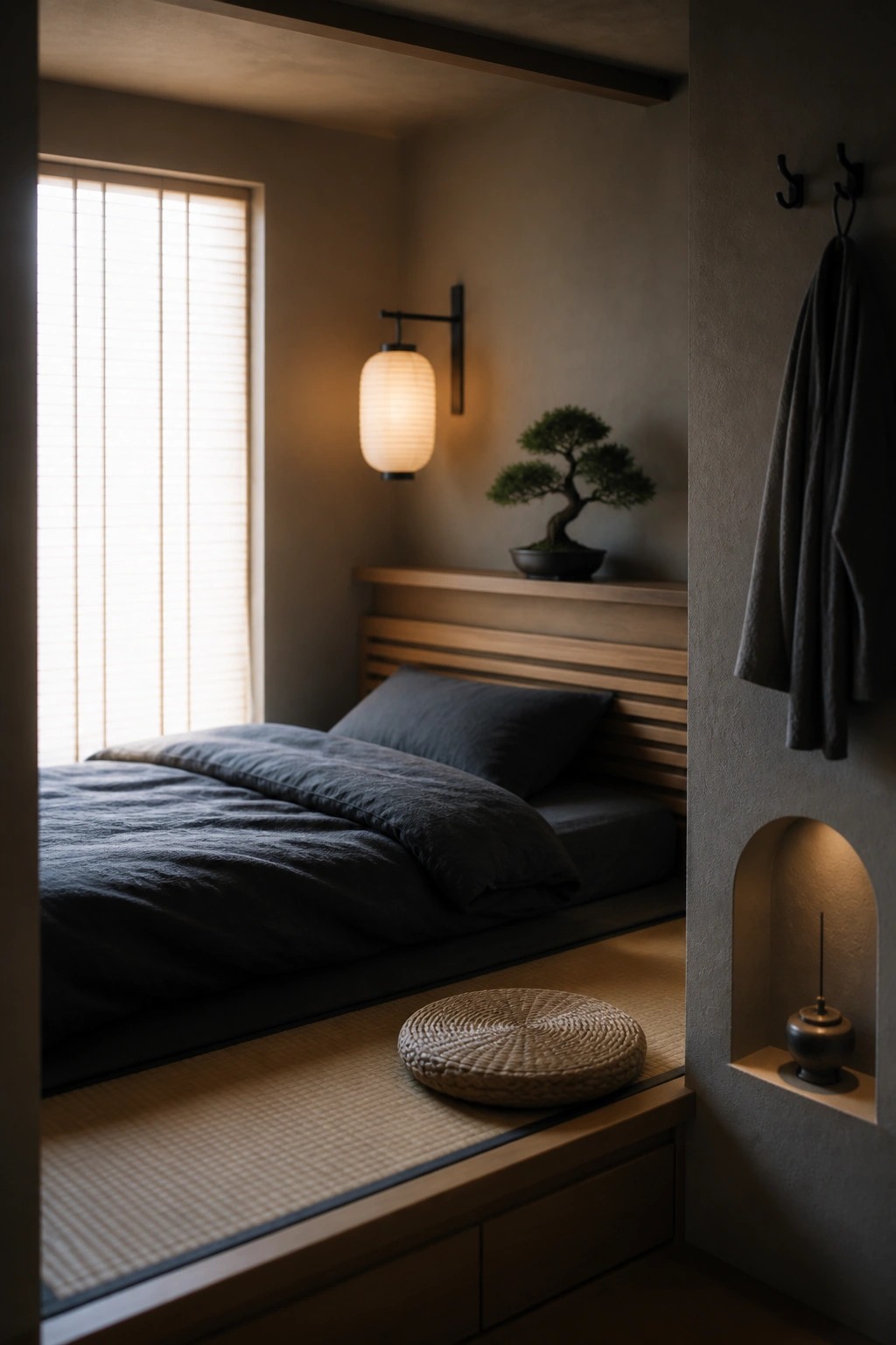 A small bedroom features a low bed on tatami mats with dark bedding, a wall sconce above, a bonsai on a wooden ledge, and a recessed niche holding a small metal object.