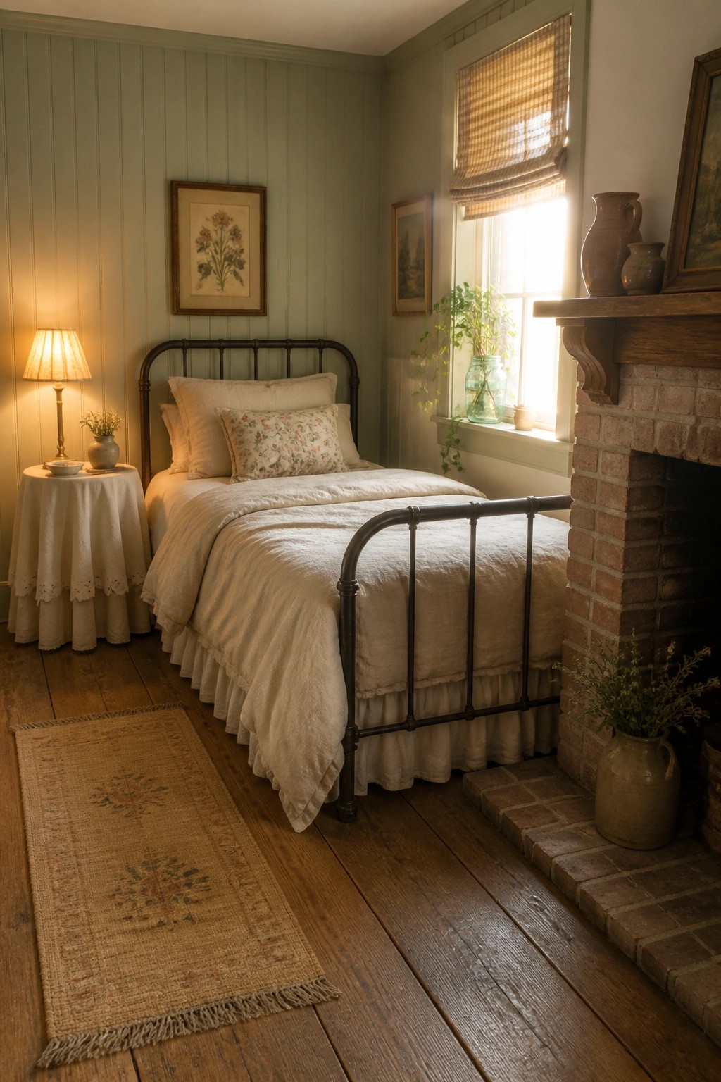 A small bedroom featuring a black metal open-frame bed with white bedding, sage green walls, a brick fireplace on the right, and a window with a woven shade.