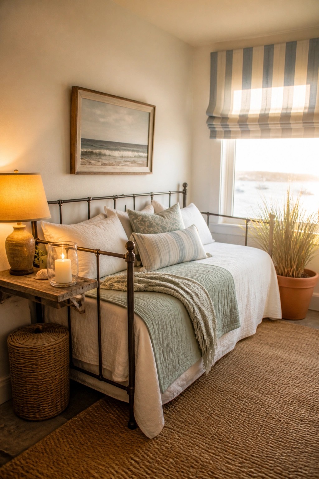 A bedroom with an iron bed frame dressed in white and soft blue bedding, a small wooden side table holding a lamp and a candle, and a woven basket on the floor beneath the table.
