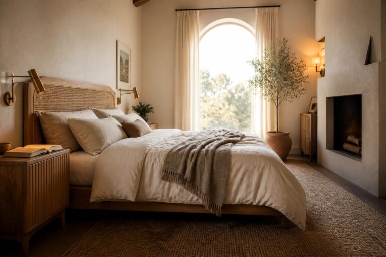 19 Warm Master Bedroom Ideas in Cream, Wood, and Textured Neutrals A master bedroom featuring a wooden bed with cream ruffled linens, a woven headboard, a fireplace, and a large arched window with sheer curtains.