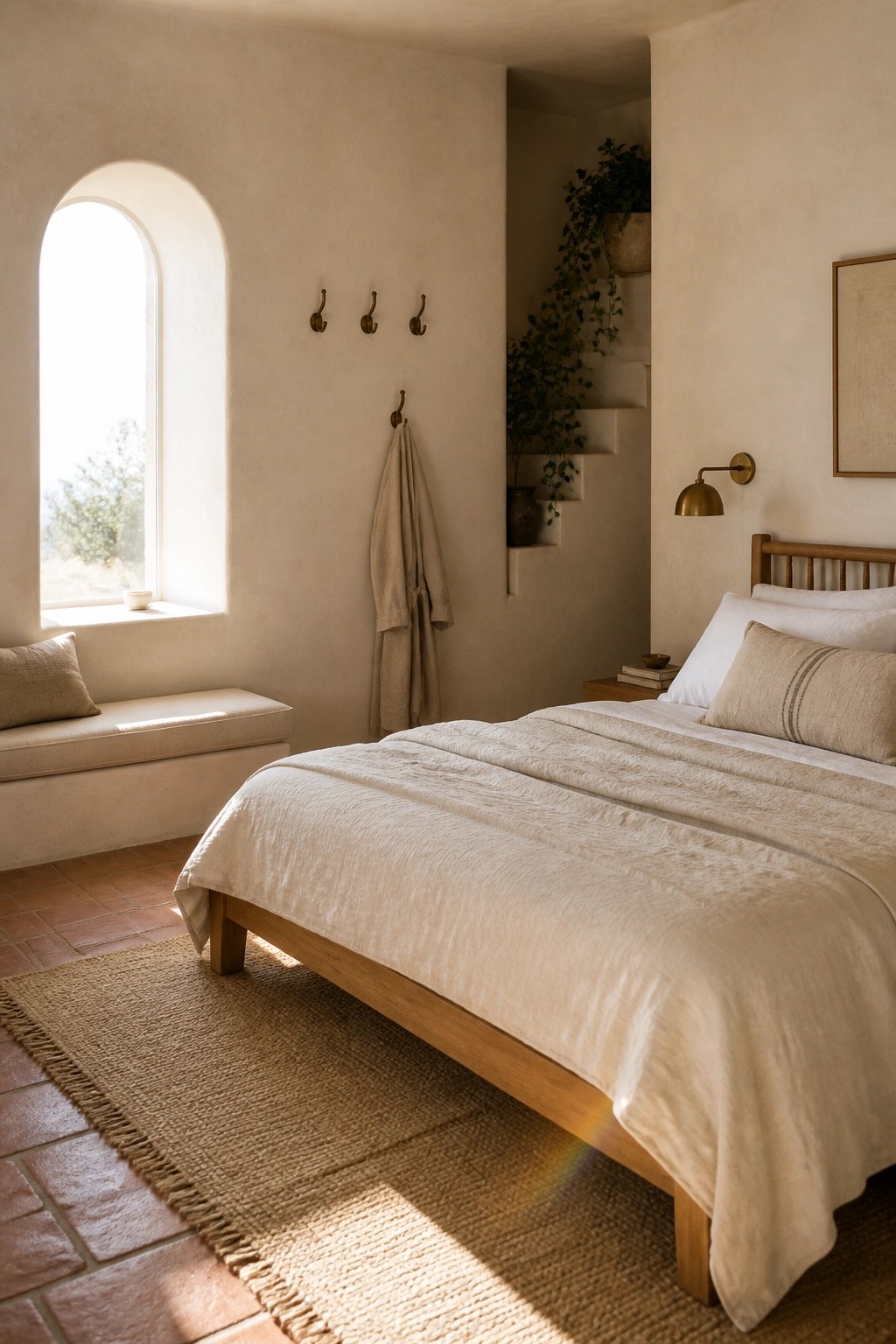 A bedroom featuring a low wooden bed with cream linen bedding, a large jute rug on terracotta tile flooring, an arched window with a cushioned bench seat, and wall hooks holding a robe.