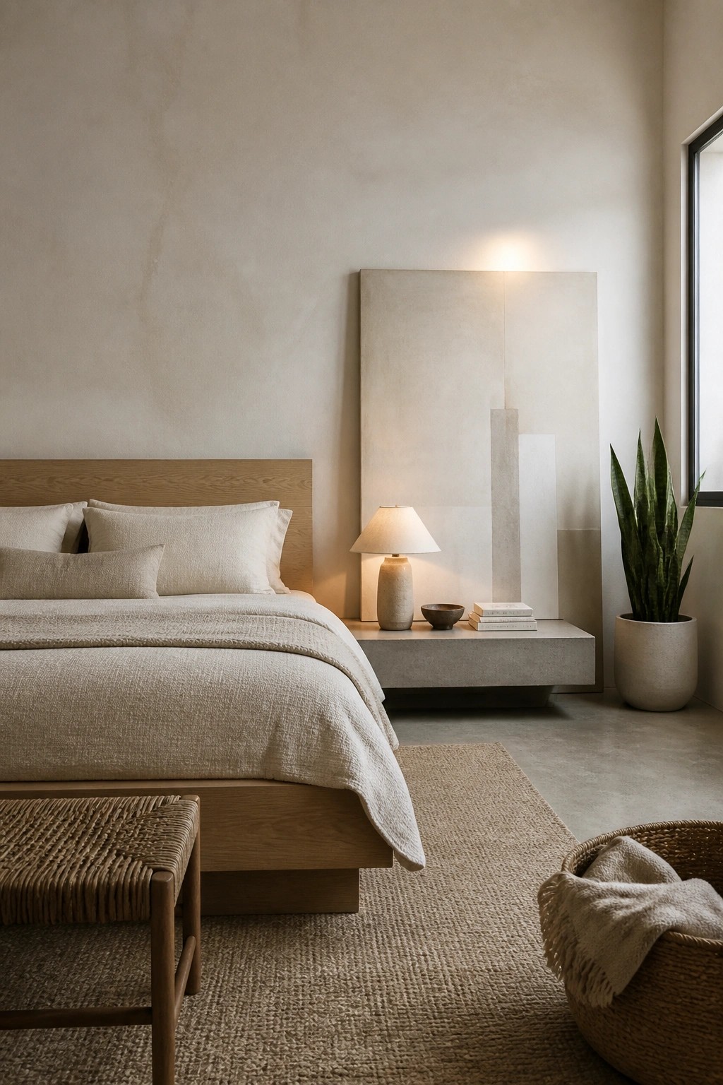 A bedroom featuring a low wooden bed with cream linens, a floating concrete nightstand, a woven bench, and a large textured wall panel.