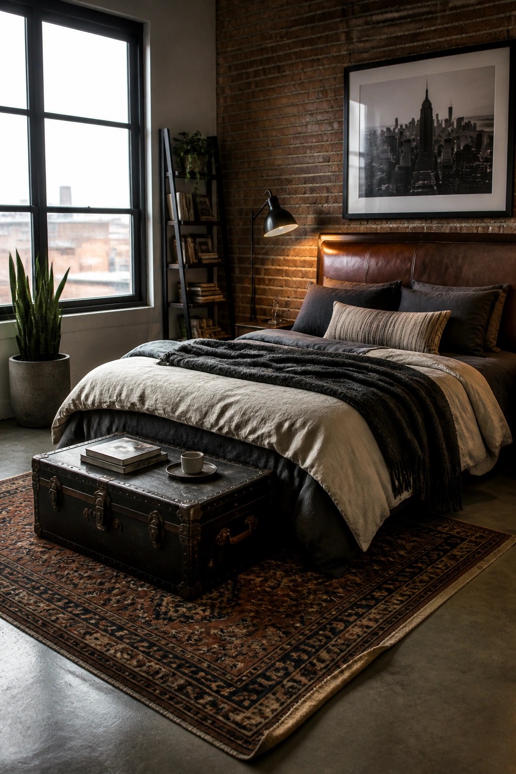 A master bedroom with a large bed against a brick wall, brown leather headboard, layered bedding, and a dark vintage trunk on a patterned rug holding books and a coffee cup.