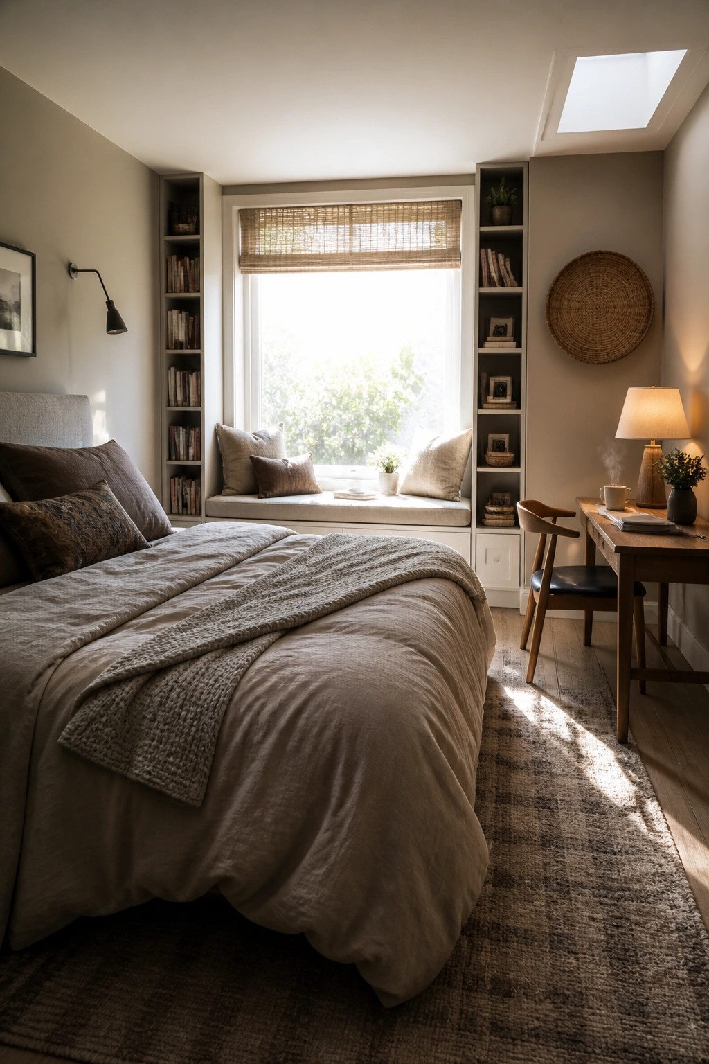 Sunlit neutral bedroom with bed, window seat, built-in bookshelves, desk, and skylight.