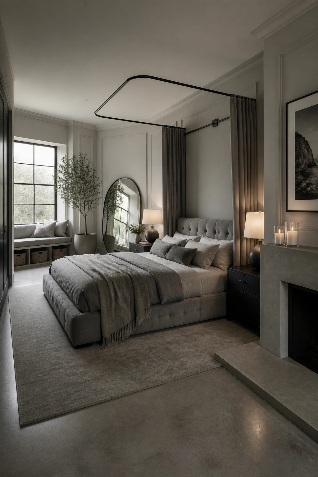 A serene master bedroom with a large upholstered bed in muted gray tones, layered bedding, a concrete fireplace with candles, and a window seat visible on the left.