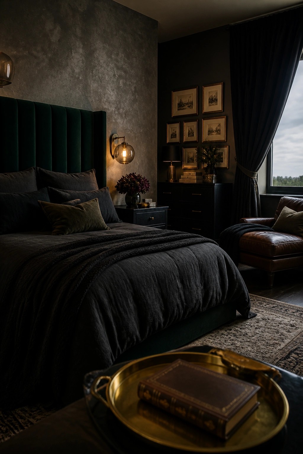A bedroom with dark walls, a green velvet headboard, layered dark bedding, a black dresser, and framed art above it.