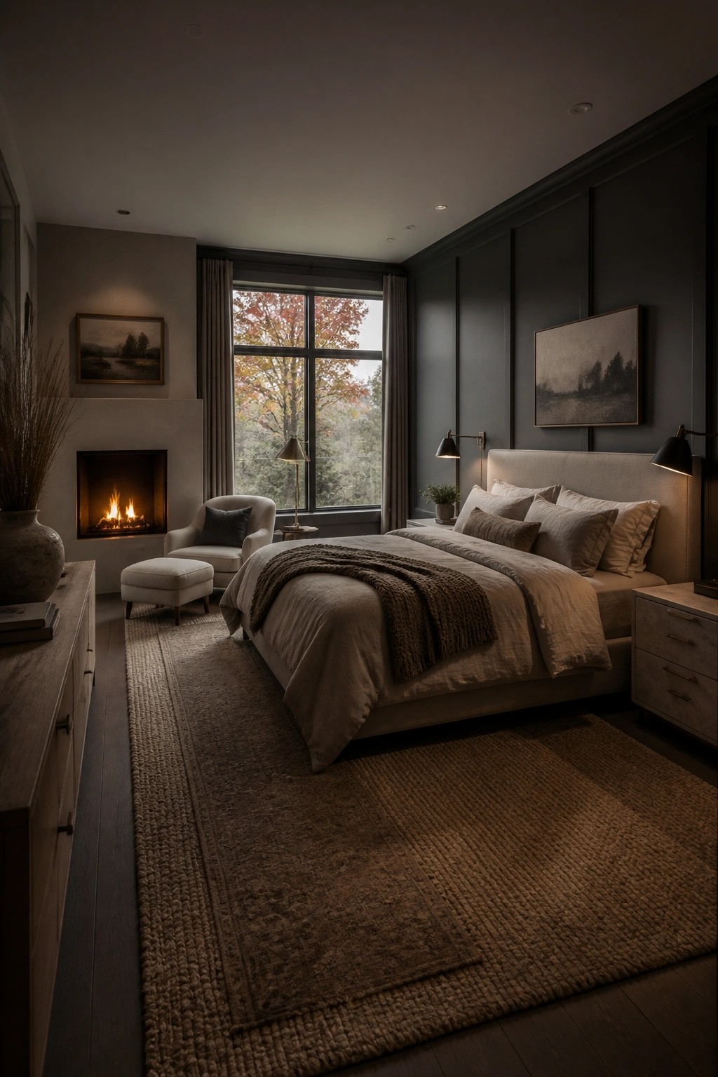 A master bedroom featuring a large bed with layered neutral bedding, a lit fireplace with an adjacent armchair and ottoman, dark paneled walls, and a large window with autumn trees outside.