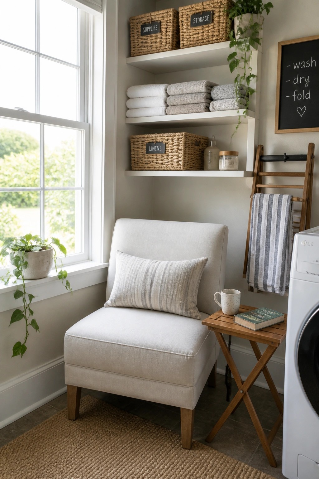 A light-colored armchair with a striped pillow sits in a laundry room corner beside a small wooden table holding a mug and book, with white shelves of folded towels and baskets above and a window to the left.