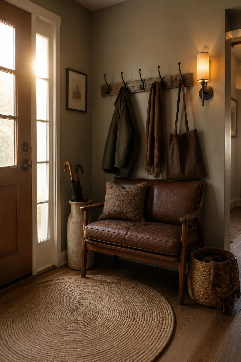 Rustic entryway with brown leather bench, coat rack, round jute rug, and sunlight