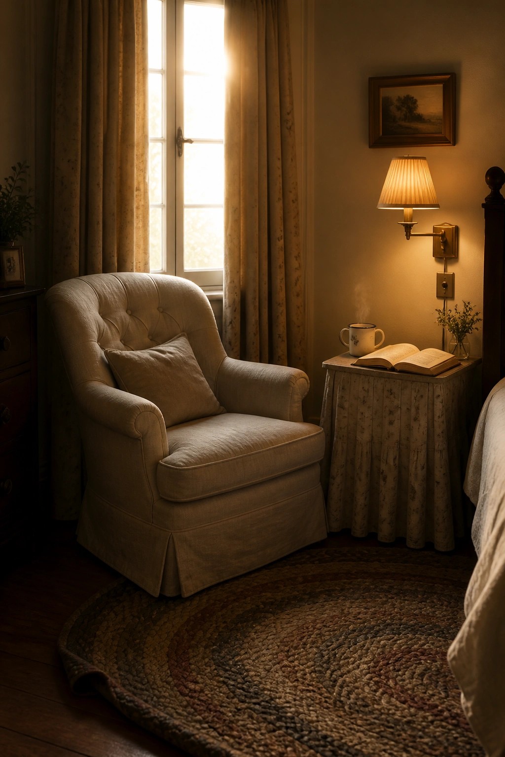 Cozy beige armchair on braided rug beside table with open book and glowing lamp.