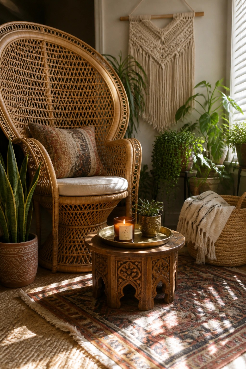 A large woven chair with a cushion sits on a patterned rug next to a small wooden table holding a lit candle and a potted plant, with more houseplants visible in the background.