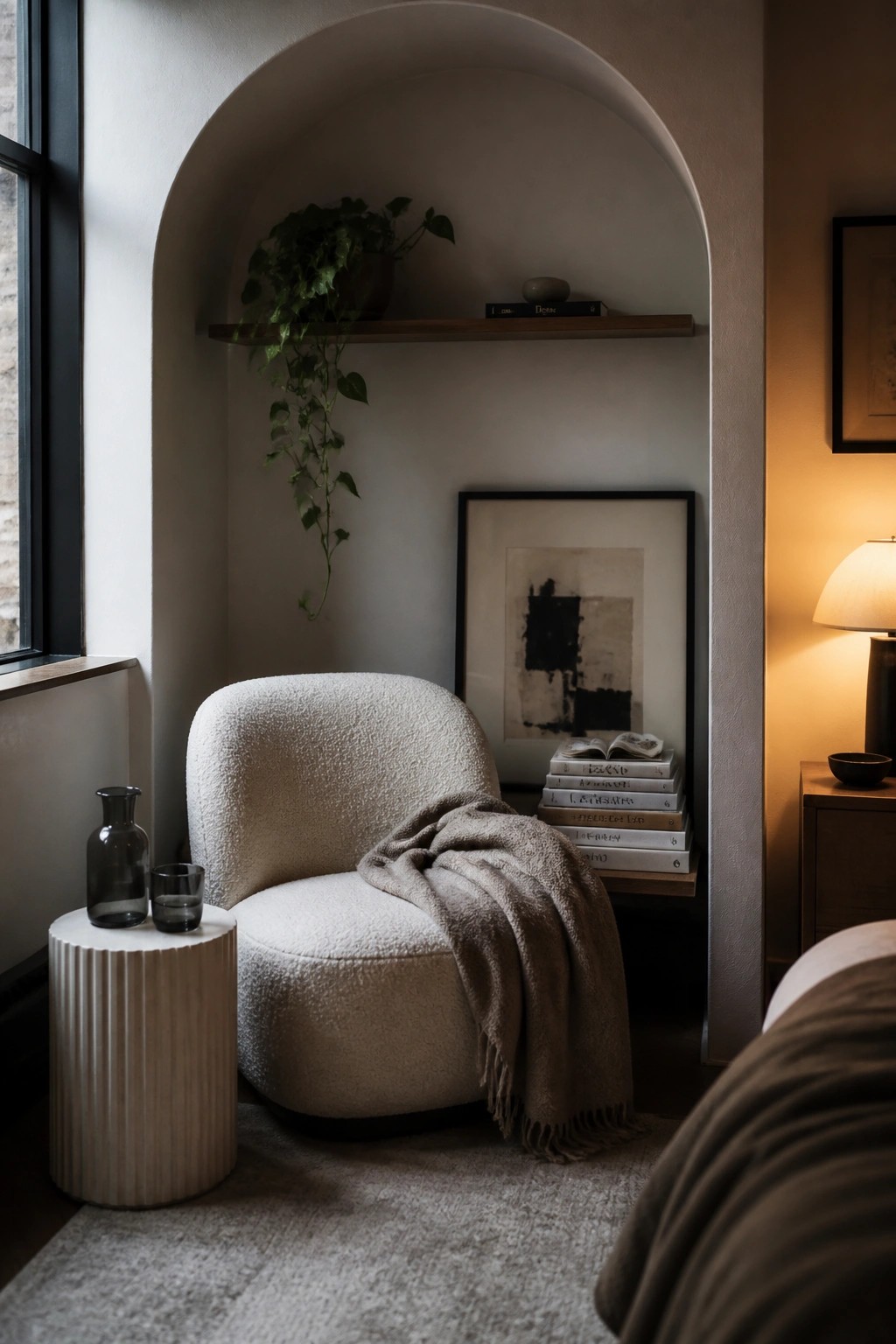 A white bouclé chair sits inside a recessed arched alcove with a wooden shelf above it holding a potted plant and books, next to a side table with glassware.