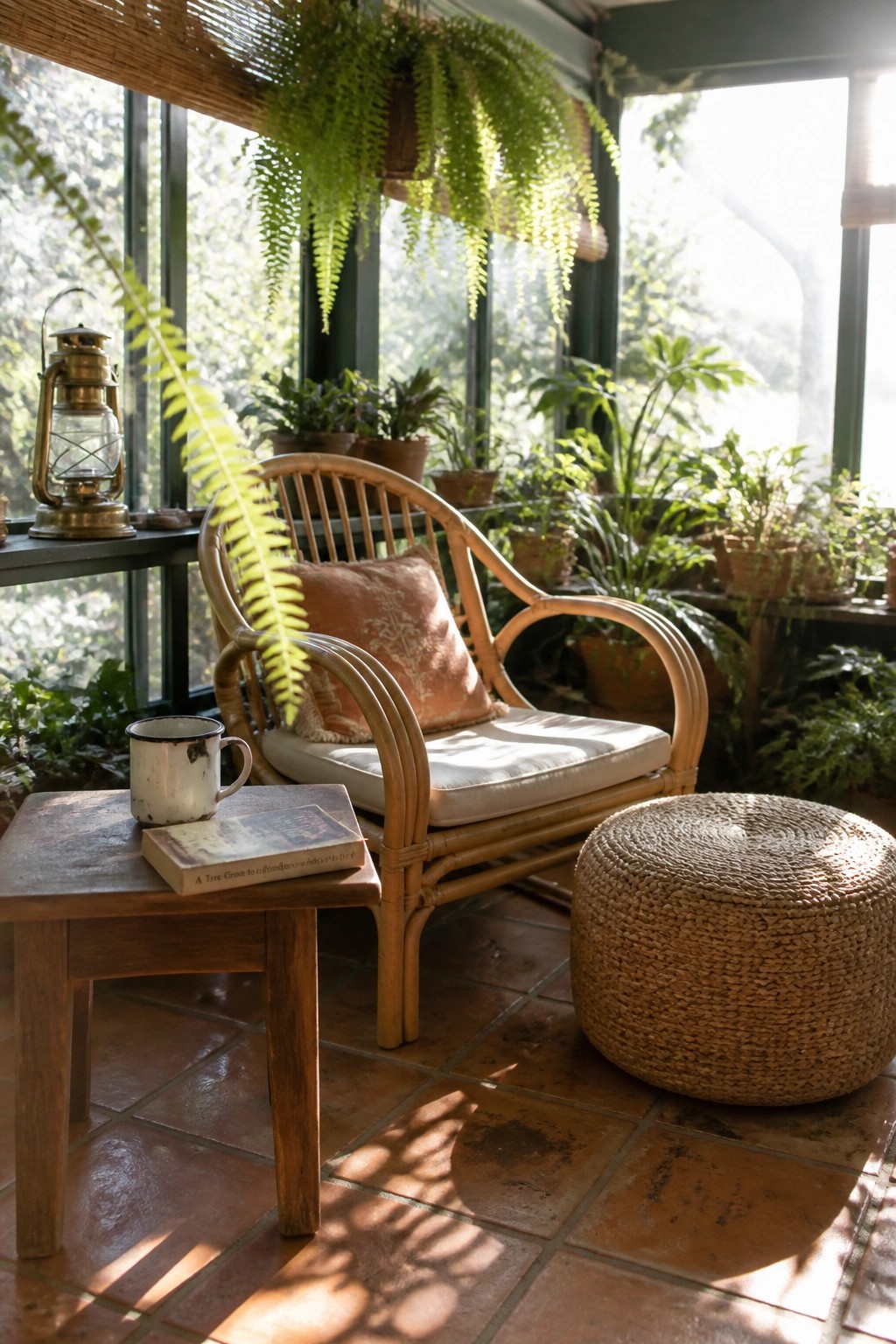 A rattan armchair with a cushion and pillow sits on terracotta tile next to a wooden side table holding a book and mug, surrounded by potted plants in a sunlit room.