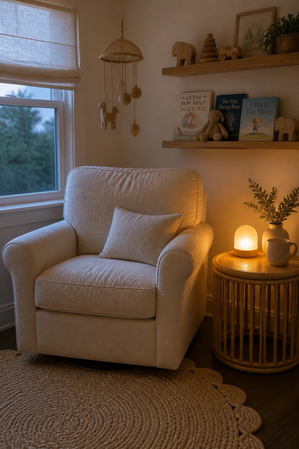 A white armchair on a round woven rug sits beside a round wooden side table holding a lit lamp and mug, with a hanging mobile and a shelf of children's books above.