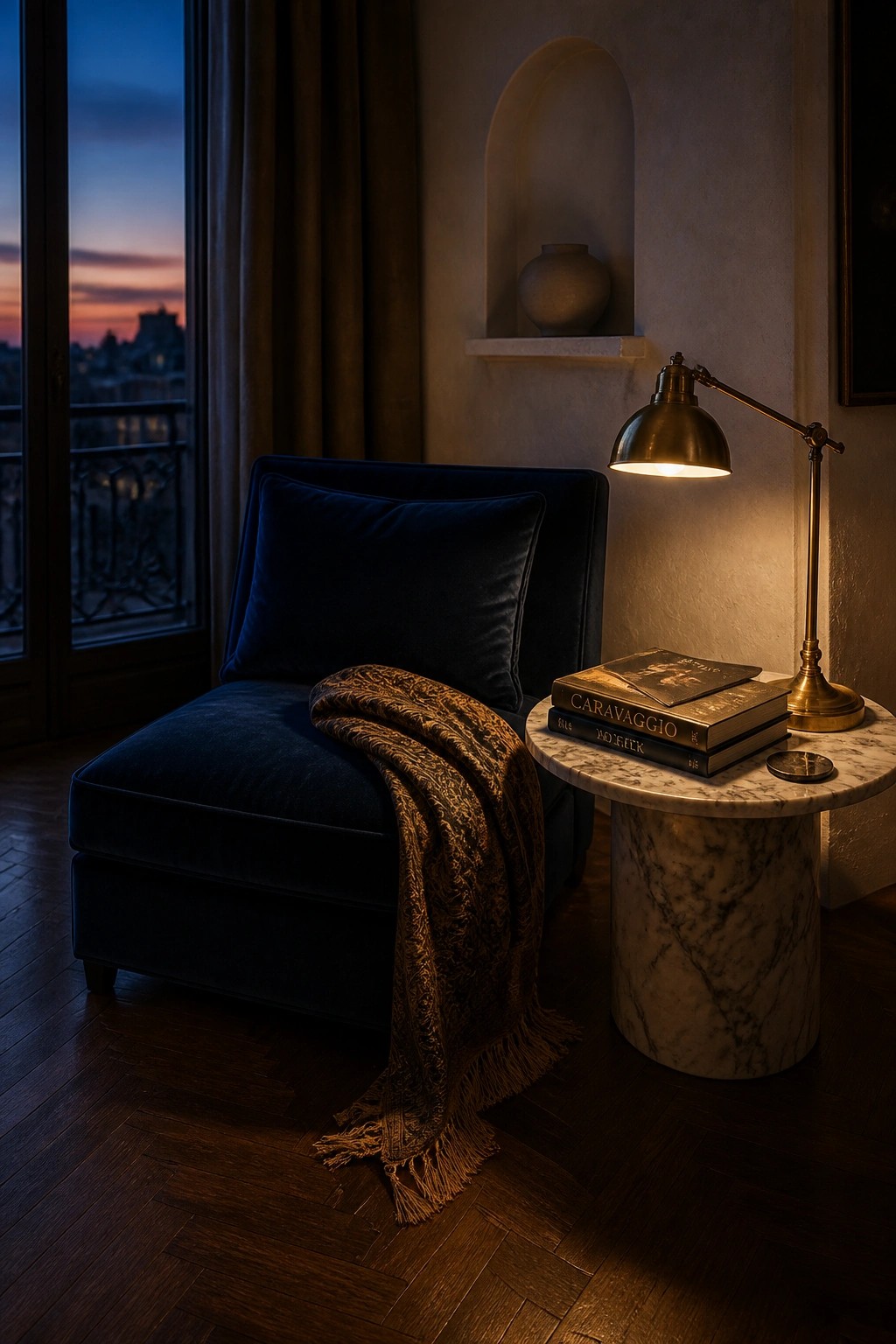 Navy velvet armchair with fringed throw near lit brass lamp and books on marble table