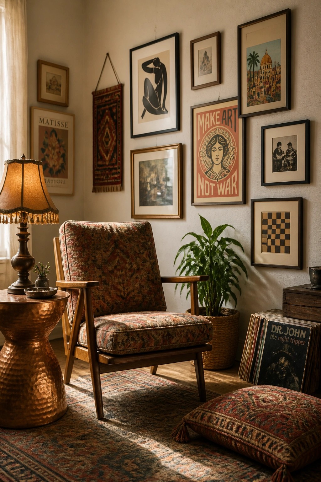 A cozy interior corner featuring a patterned armchair beside a copper side table with a lit lamp, a potted plant, and a wall arranged with multiple framed artworks of varying sizes and styles.