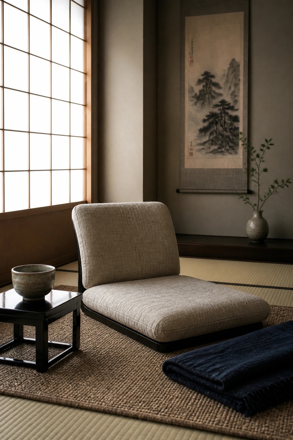 A low beige upholstered chair sits on a woven mat beside a small black table and shoji screen in a minimalist room with tatami flooring.