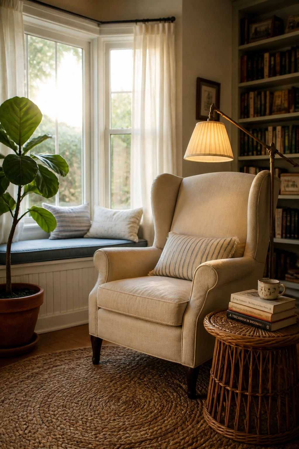A beige wingback armchair with a striped pillow sits on a round jute rug beside a wicker side table holding books and a cup, with a floor lamp above it and a window seat in the background.