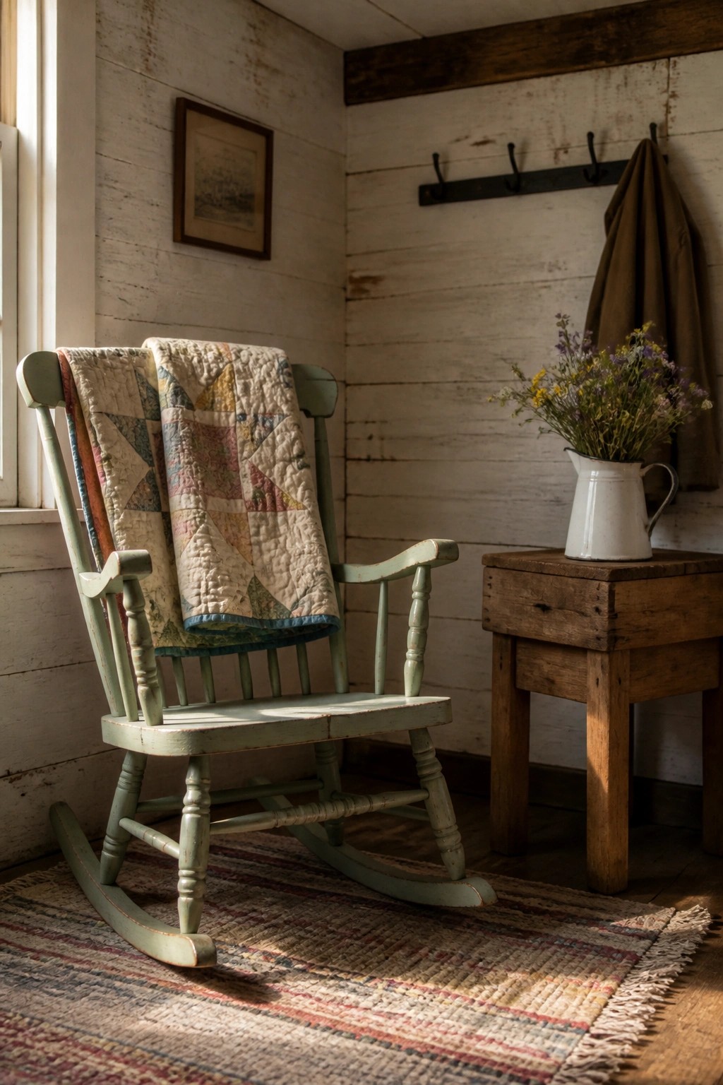 A light green wooden rocking chair with a patchwork quilt draped over the back rests on a striped rug against white wooden walls.