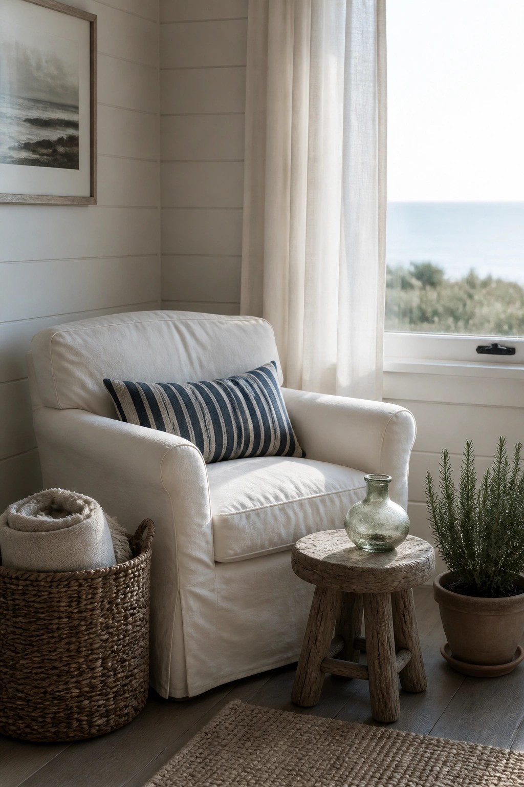 A white slipcovered armchair with a blue striped pillow sits in a corner beside a window, accompanied by a small wooden stool holding a glass vase, a woven basket with rolled textiles, a potted plant, and a jute rug on dark wood flooring.