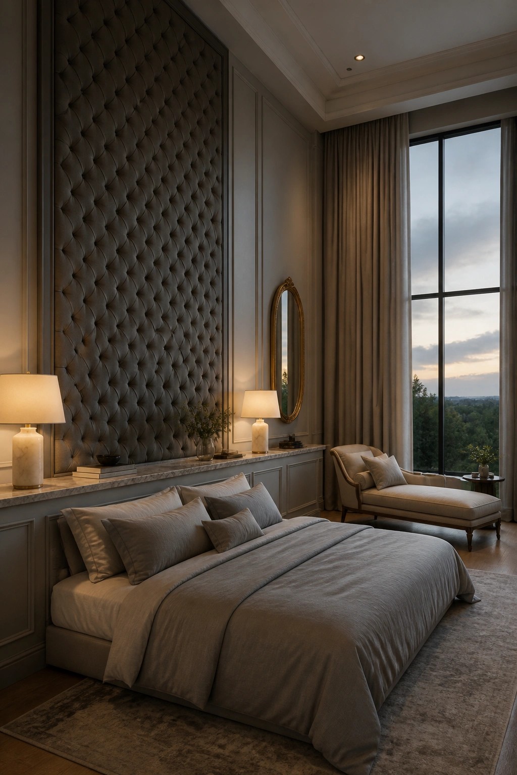 A bedroom featuring a large bed with neutral linens set against a full-height gray tufted wall panel, flanked by marble nightstands and lamps, with a chaise lounge near a large curtained window.