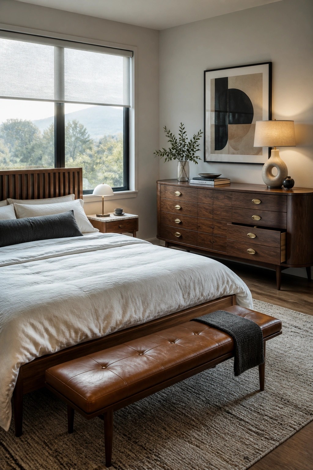 A calm bedroom featuring a wooden bed with white bedding, a brown leather bench at the foot, a wooden dresser with drawers open, and a large window with a view of trees.