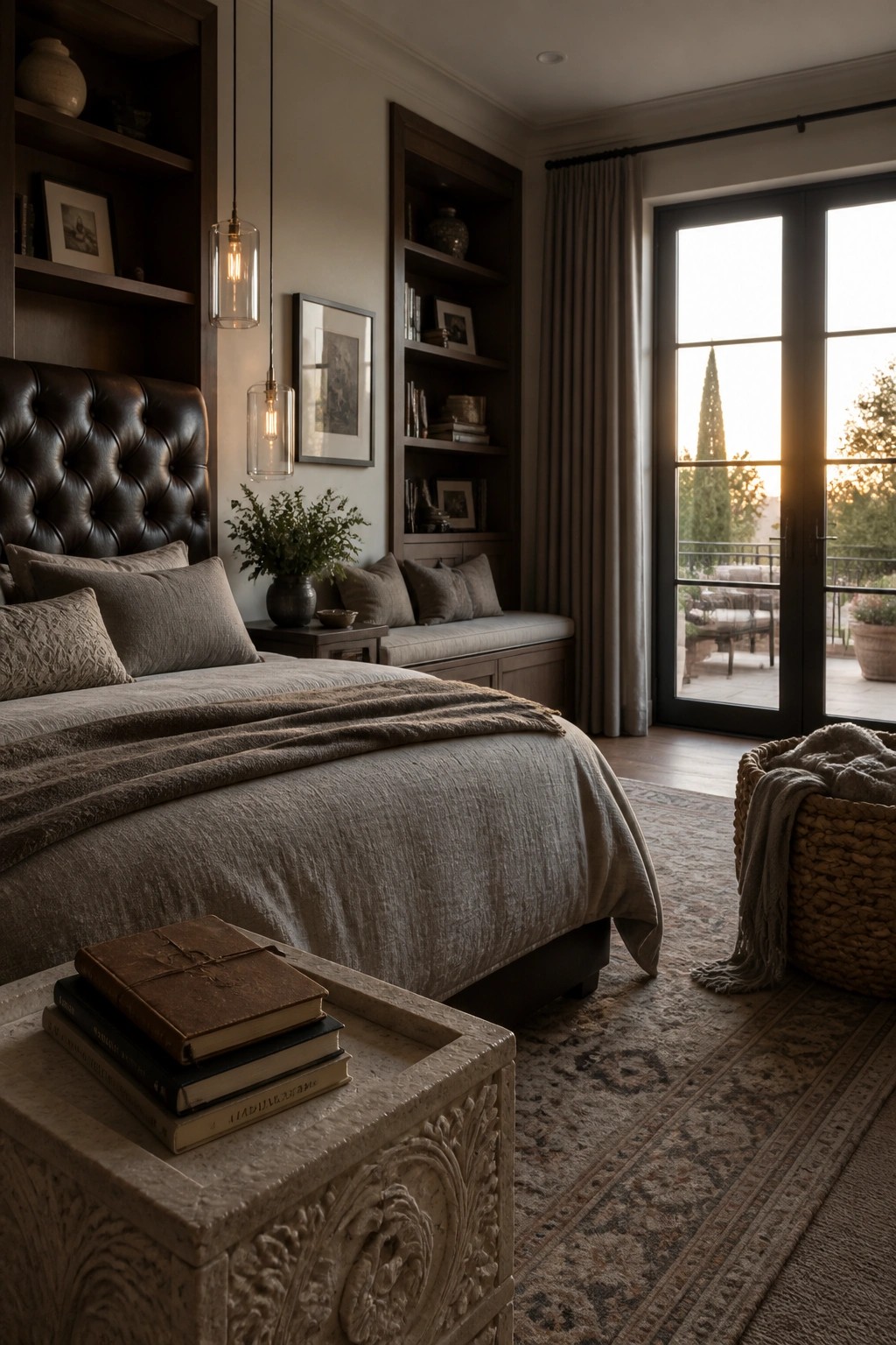 A calm bedroom with a large bed, dark tufted headboard, built-in wooden bookshelves on both sides, a window seat, and double doors to an outdoor patio.