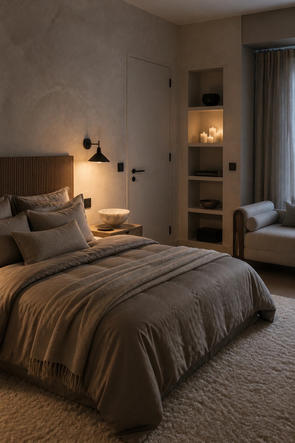 A bedroom with a large bed in neutral linens and recessed built-in shelves holding lit candles, books, and bowls.