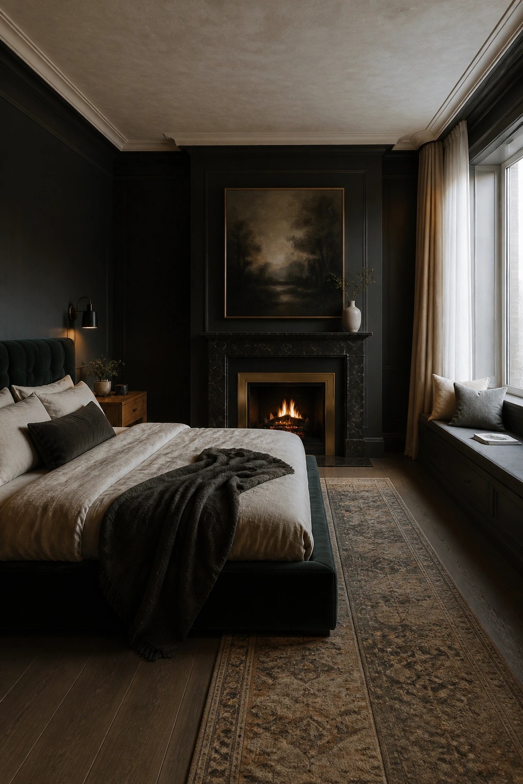 A bedroom with dark paneled walls, a large bed with neutral bedding, a marble fireplace, and a window seat along the right wall.
