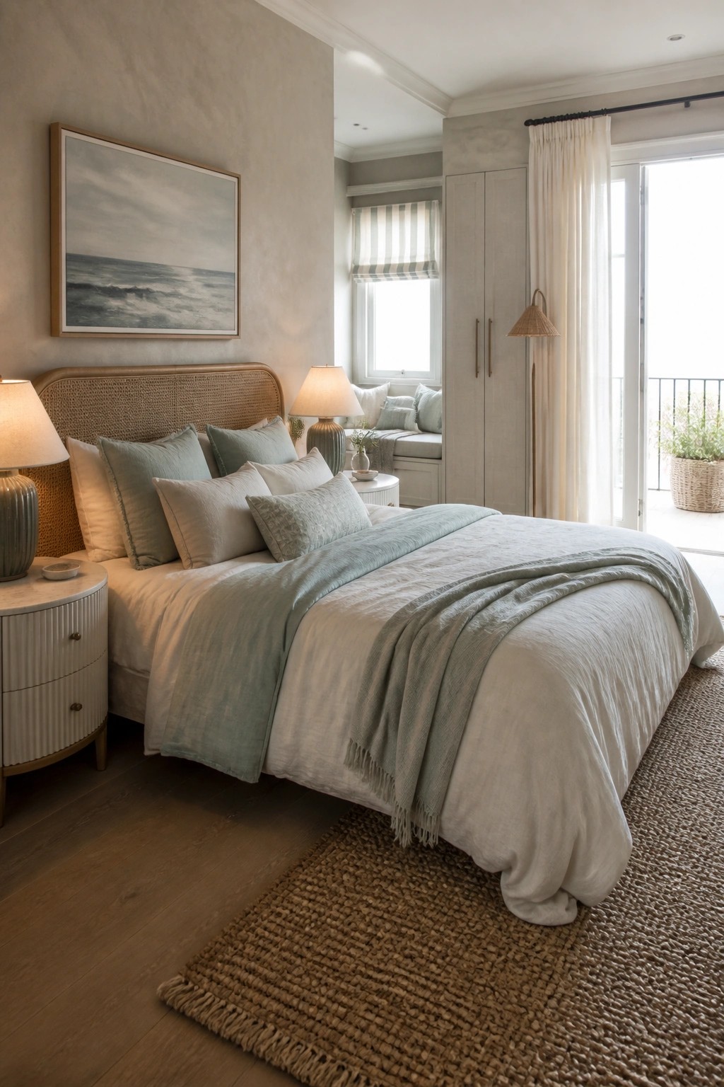 A bedroom featuring a bed with layered white and pale green bedding, a woven jute rug on dark wood flooring, and a window seat visible in the background.