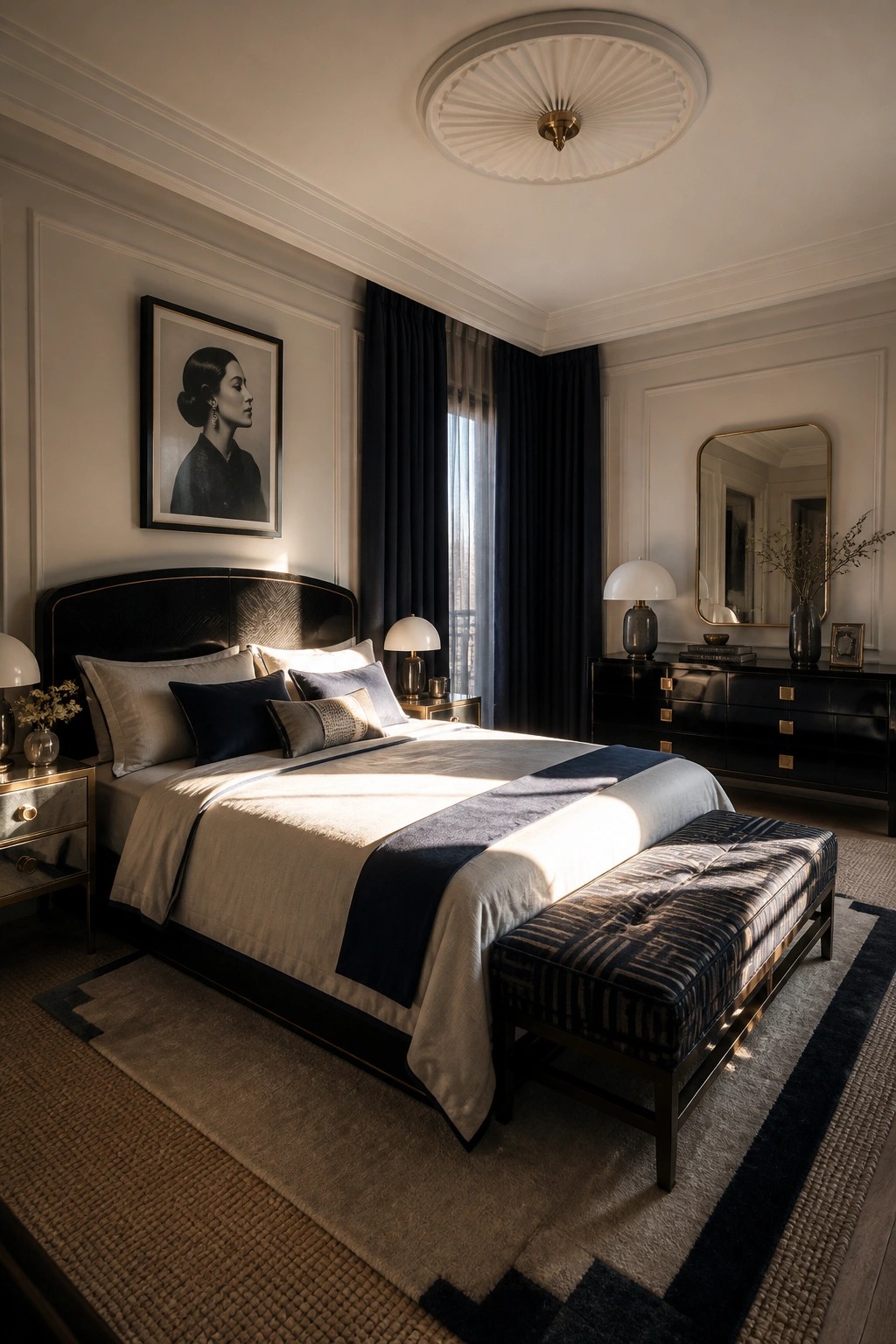 A bedroom with a large bed dressed in neutral linens and navy accents, dark curtains at the window, a framed portrait above the headboard, and a striped bench at the foot of the bed.