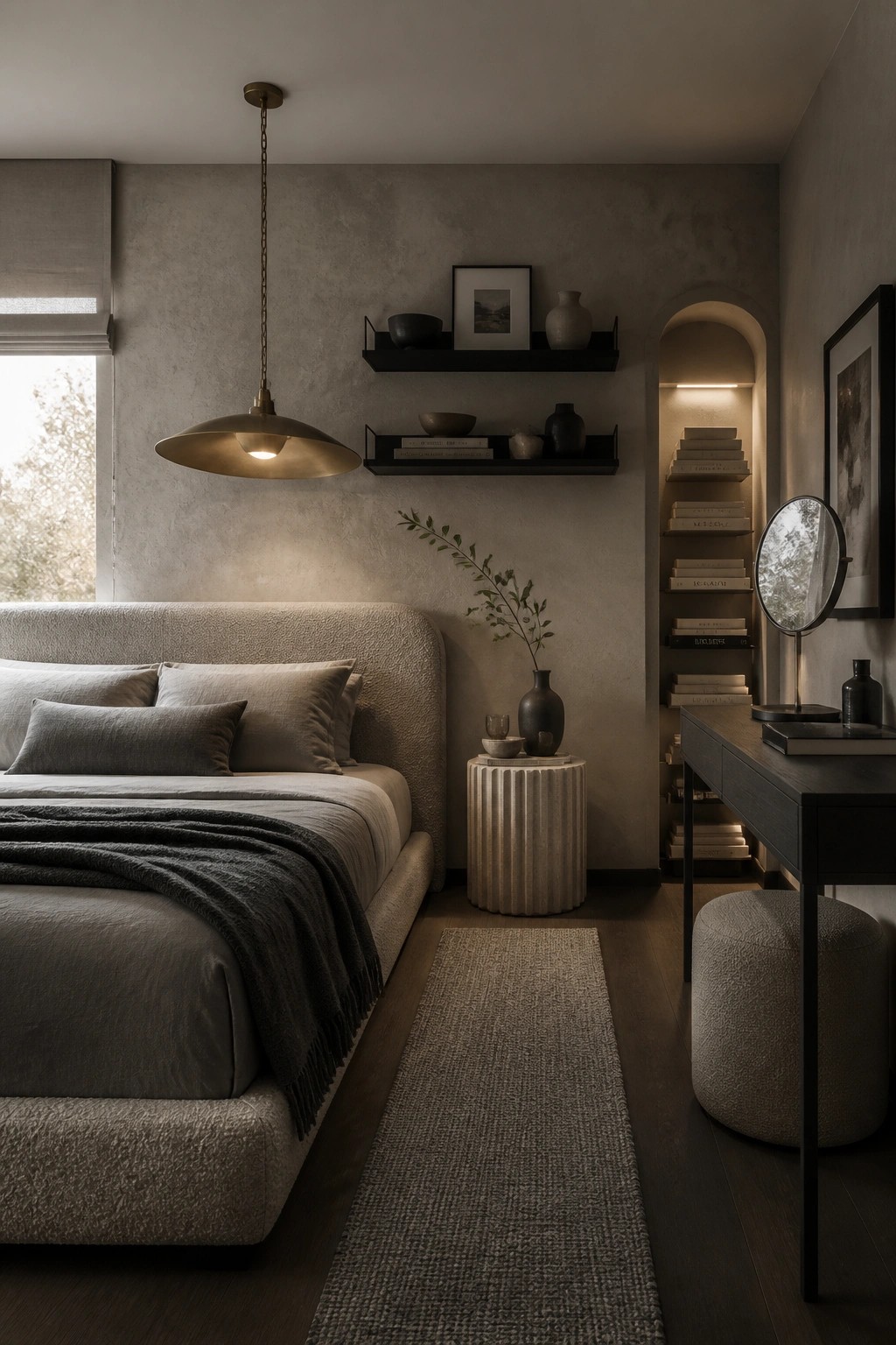 A calm bedroom with a large upholstered bed, floating black shelves on a textured wall, and a lit arched niche holding stacked books beside a dark wood desk.